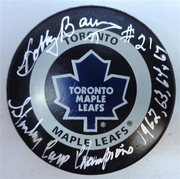 Bobby Baun Autographed Maple Leafs Puck w/ Cup Years