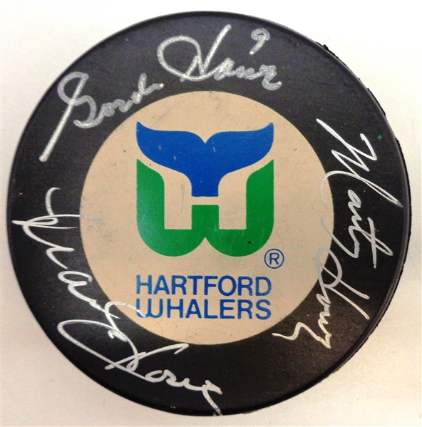 Gordie, Mark & Marty Howe Autographed Whalers Puck