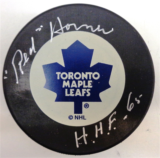 Red Horner Autographed Maple Leafs Puck w/ HHF