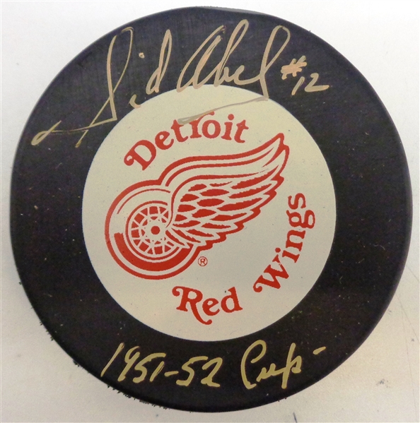 Sid Abel Autographed Red Wings Puck w/ Cup 51/52