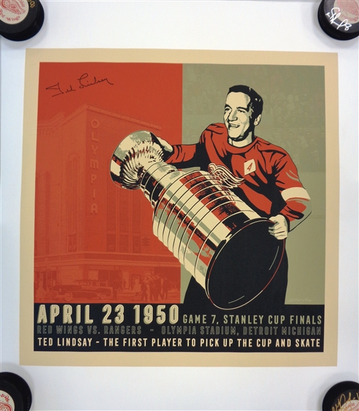 Ted Lindsay Autographed 24x21 1st to Hoist Cup Litho