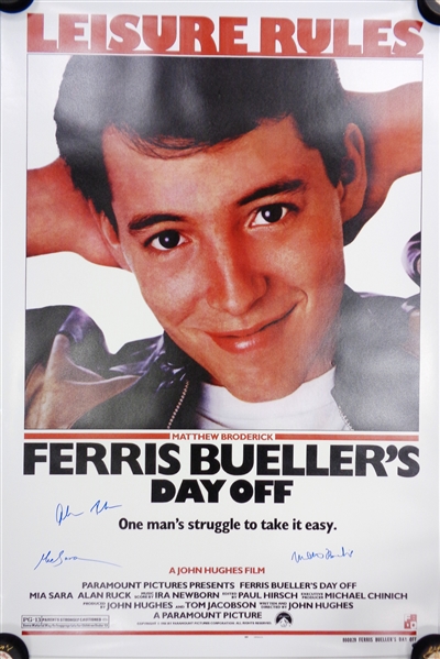 Matthew Broderick, Mia Sara & Alan Ruck Cast Signed Ferris Buellers Day Off 27x40 Full Size Movie Poster
