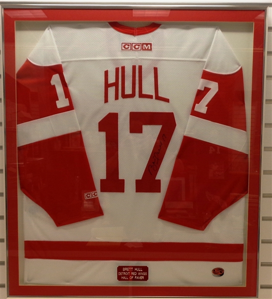 Brett Hull Autographed Framed Red Wings Jersey (Pick up Only)
