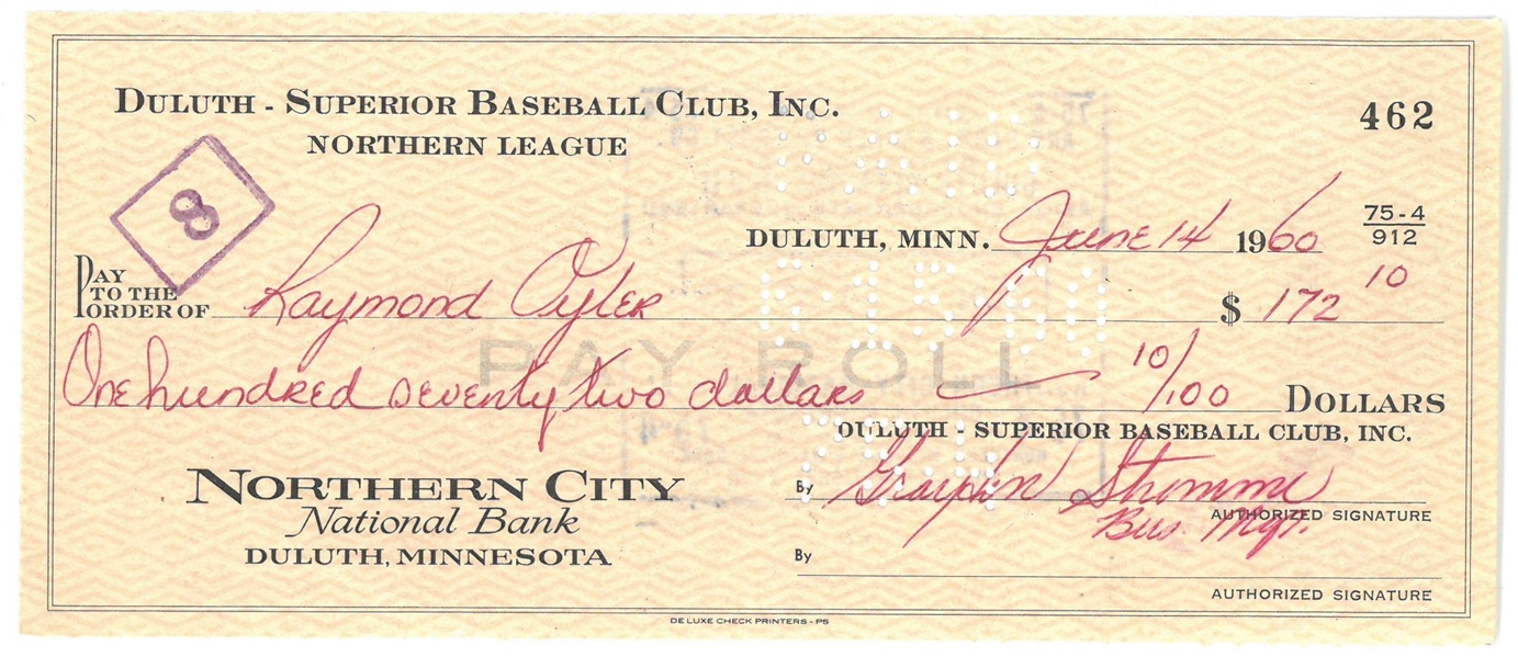 Ray Oyler (68 Tiger - Deceased) Signed 1960 Duluth Payroll Check