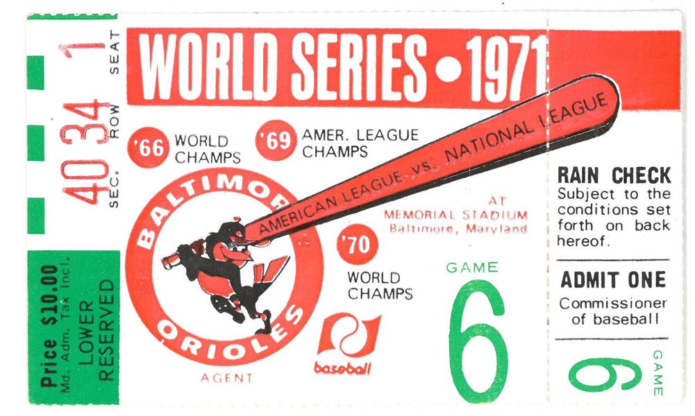Baltimore Orioles 1971 World Series Ticket