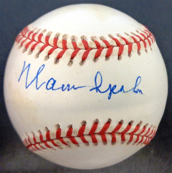 Warren Spahn Autographed Baseball on MCS Final Game Ball