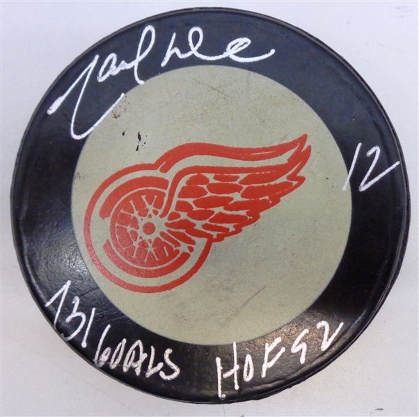 Marcel Dionne Autographed Red Wings Puck w/ Goals, HOF