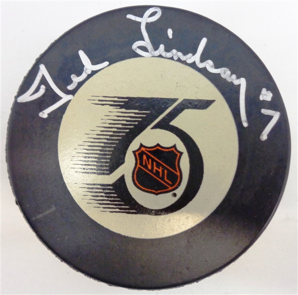 Ted Lindsay Autographed NHL 75 Game Puck