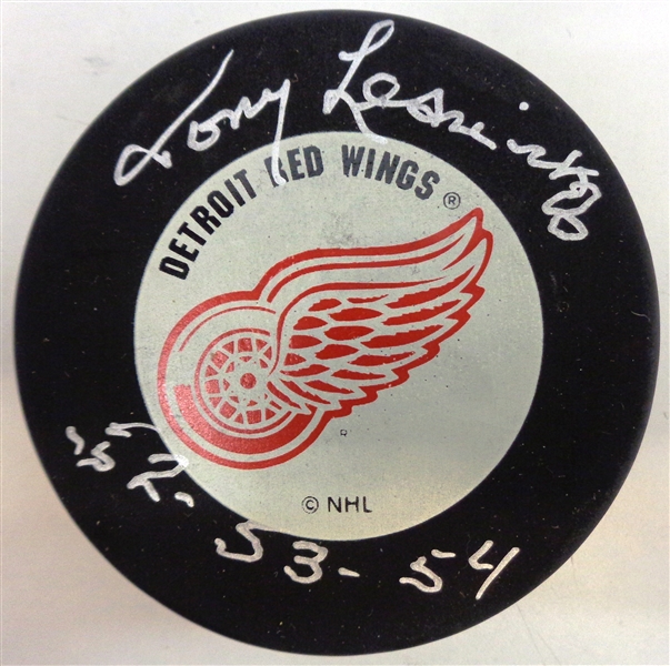 Tony Leswick Autographed Red Wings Puck w/ Cup Years