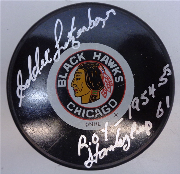 Eddie Litzenberger Autographed Black Hawks Puck w/ ROY & Cup