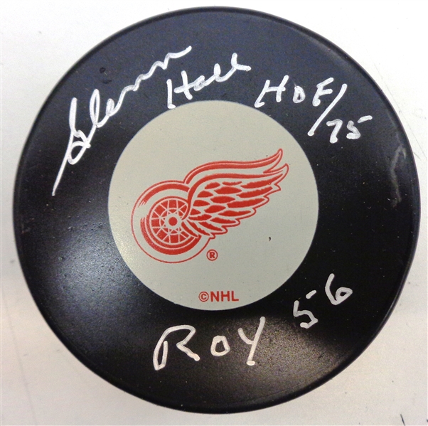 Glenn Hall Autographed Red Wings Puck w/ HOF ROY