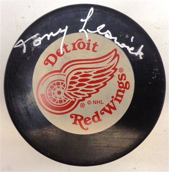 Tony Leswick Autographed Red Wings Puck