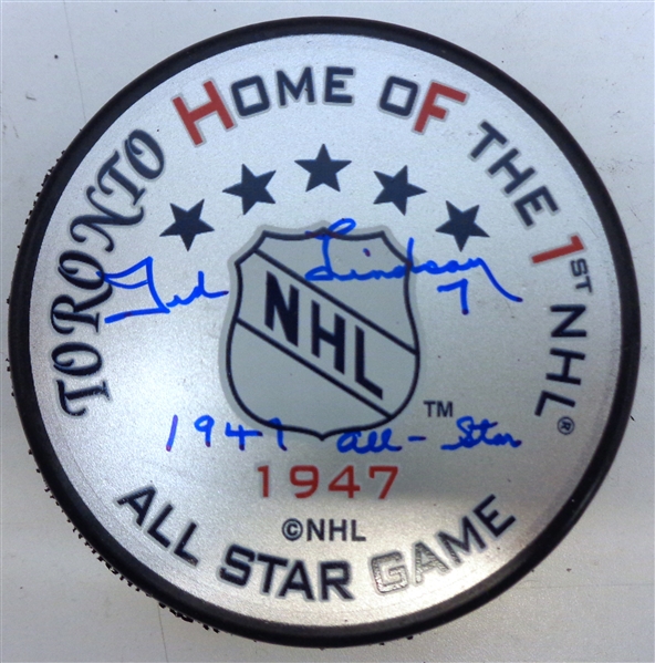 Ted Lindsay Autographed 1947 All Star Game Commemorative Puck