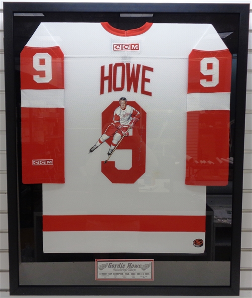 Gordie Howe Autographed Framed Hand Painted Jersey - Pick up Only