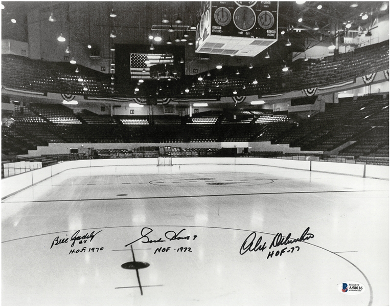 Gordie Howe, Bill Gadsby & Alex Delvecchio Autographed 11x14 Olympia Photo