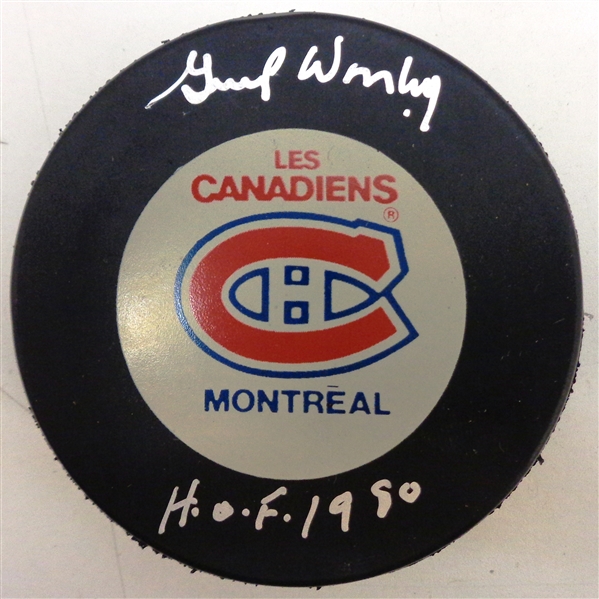 Gump Worsley Autographed Canadiens Puck w/ HOF