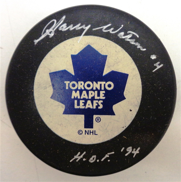 Harry Watson Autographed Maple Leafs Puck w/ HOF