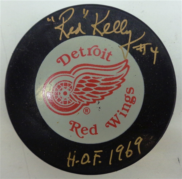 Red Kelly Autographed Red Wings Puck w/ HOF