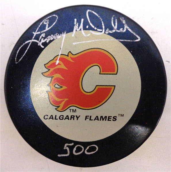 Lanny McDonald Autographed Flames Puck w/ 500