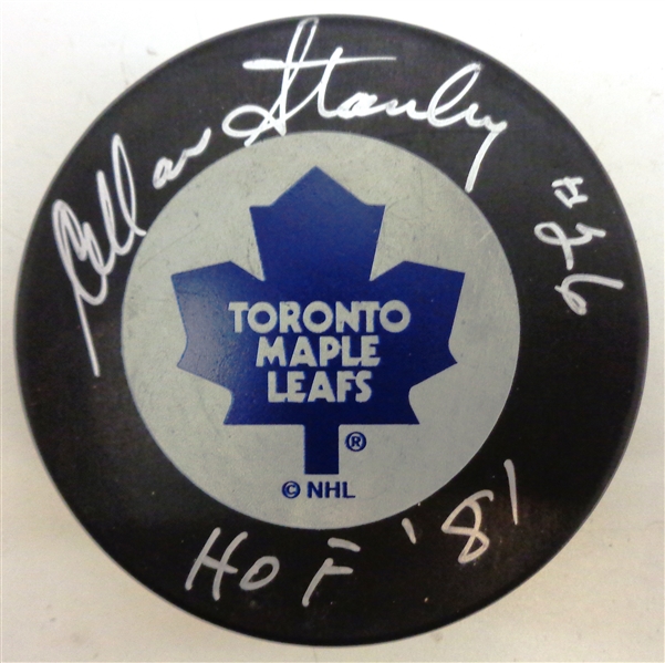 Allan Stanley Autographed Maple Leafs Puck w/ HOF