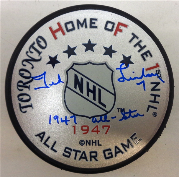 Ted Lindsay Autographed 1947 All Star Game Commemorative Puck
