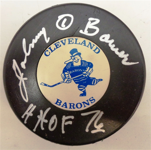Johnny Bower Autographed Barons Puck w/ HOF