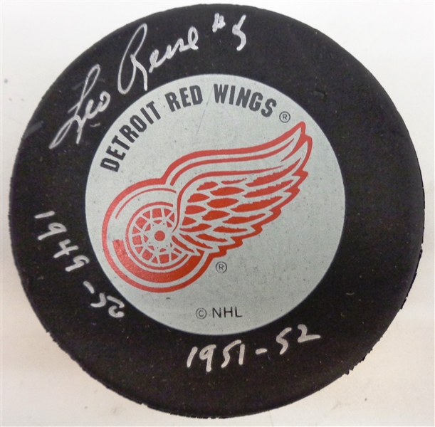 Leo Reise Autographed Red Wings Puck
