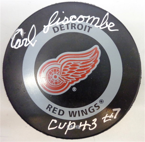 Carl Liscombe Autographed Red Wings Puck w/ 43 Cup