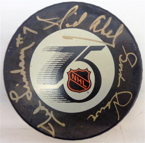 Production Line Autographed NHL 75th Game Puck - Howe/Lindsay/Abel