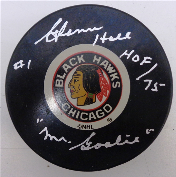 Glenn Hall Autographed Blackhawks Puck w/ HOF Mr.Goalie