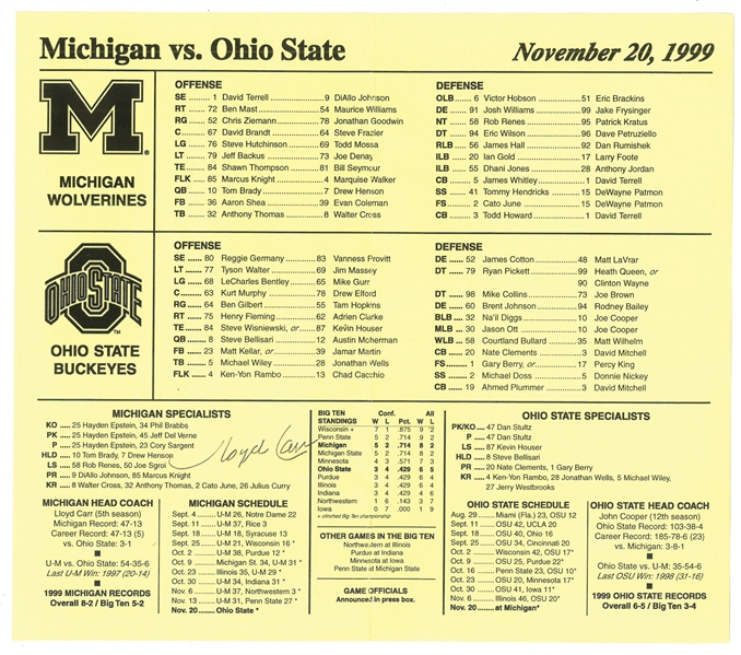 1999 Michigan vs OSU Gameday Sheet Signed by Carr (Carr Collection)