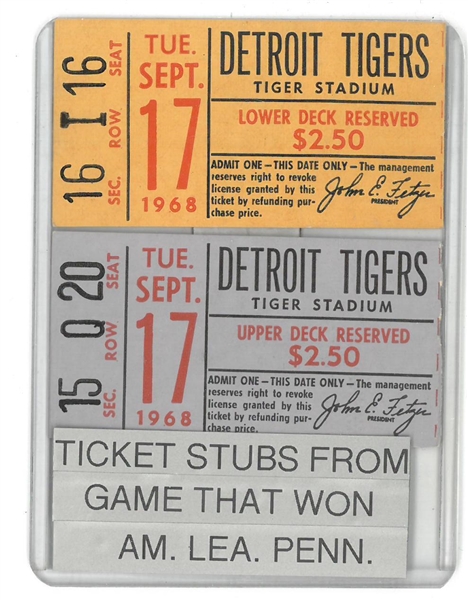 2 Tigers Ticket Stubs from 1968 Pennant Clinching Game