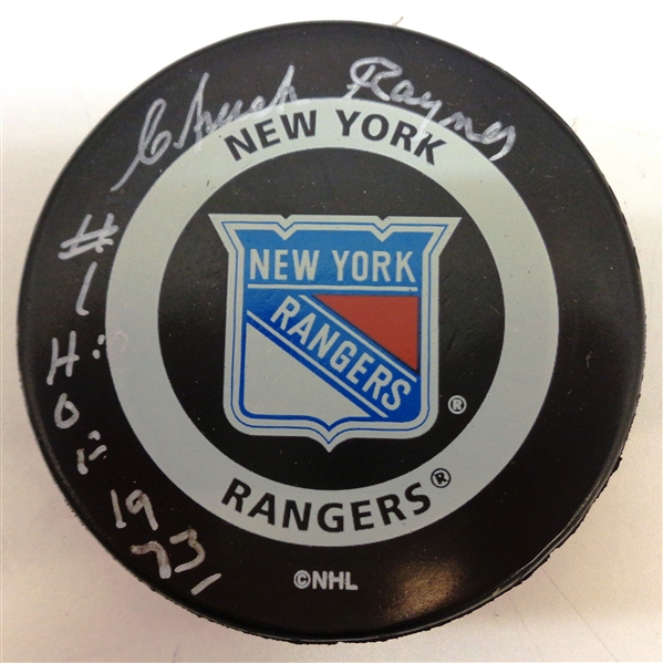 Chuck Rayner Autographed New York Rangers Puck w/ HOF 1973