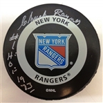 Chuck Rayner Autographed New York Rangers Puck w/ HOF 1973