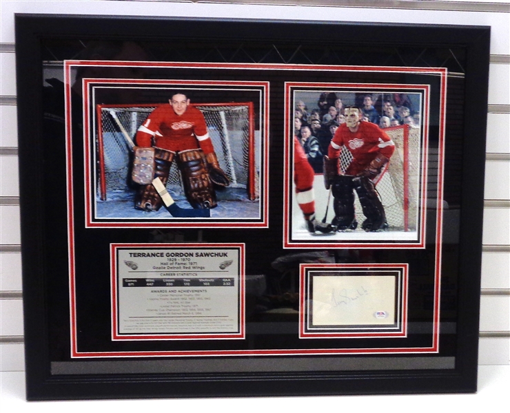 Terry Sawchuk Autographed 3x5 Card Framed with 2 8x10 Photos