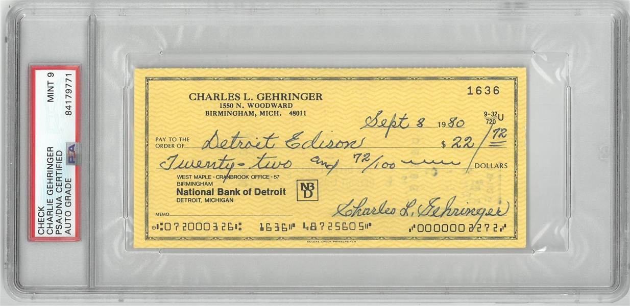 Charlie Gehringer Autographed PSA 9 Personal Check
