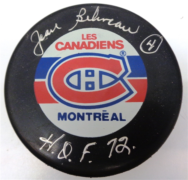 Jean Beliveau Autographed Canadiens Puck w/ HOF