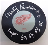 Marty Pavelich Autographed Red Wings Puck w/ Cup Years