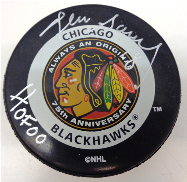 Denis Savard Autographed Blackhawks Puck w/ HOF