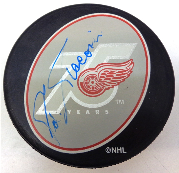 Eddie Giacomin Autographed Red Wings 75 Puck
