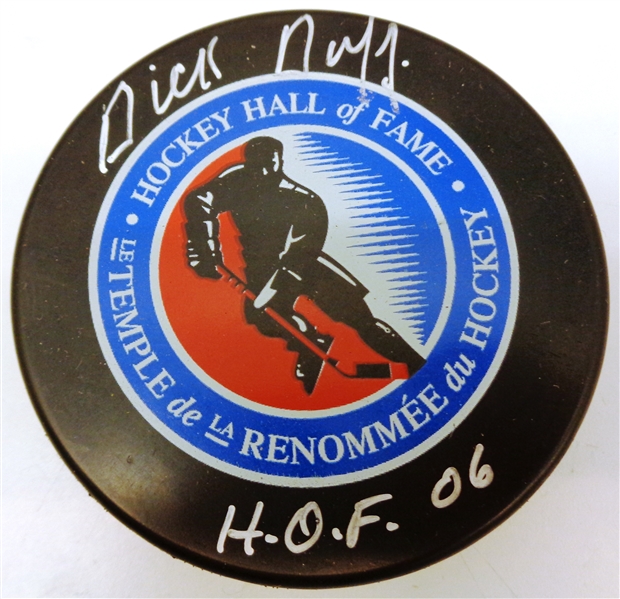 Dick Duff Autographed Hall of Fame Puck w/ HOF