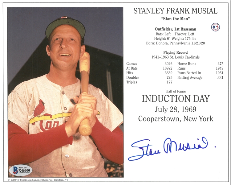 Stan Musial Autographed 8x10 HOF Induction Card