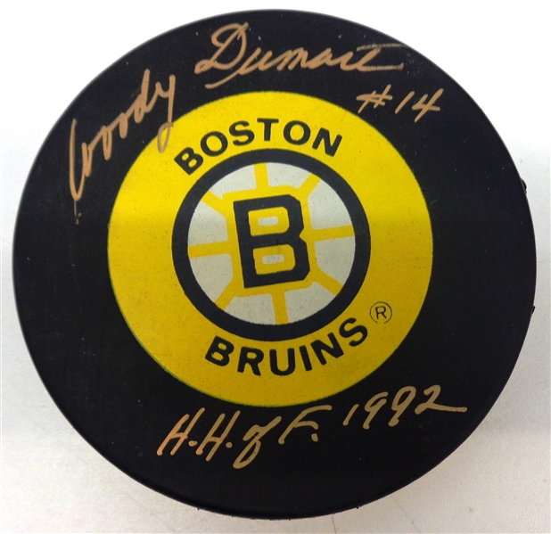 Woody Dumart Autographed Boston Bruins Puck