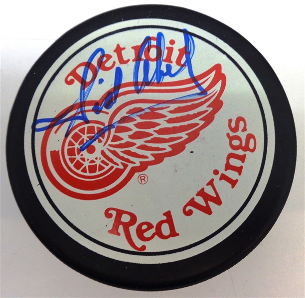 Sid Abel Autographed Large Logo Red Wings Puck