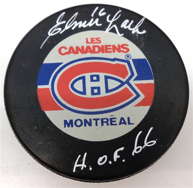 Elmer Lach Autographed Canadiens Puck