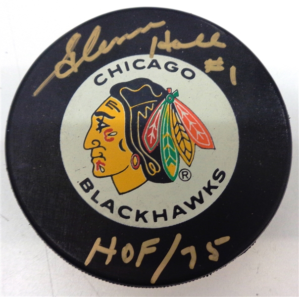 Glenn Hall Autographed Blackhawks Puck w/ HOF