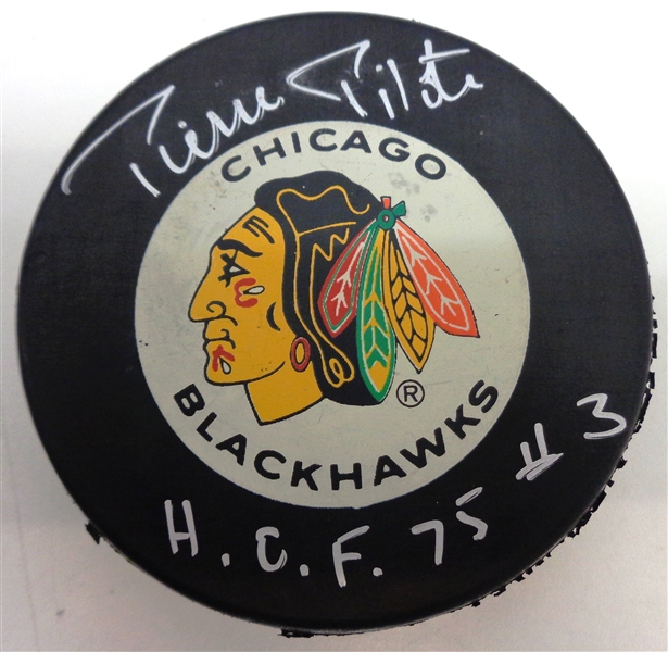 Pierre Pilote Autographed Blackhawks Puck w/ HOF