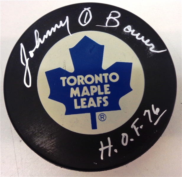 Johnny Bower Autographed Maple Leafs Puck w HOF