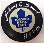 Johnny Bower Autographed Maple Leafs Puck w HOF