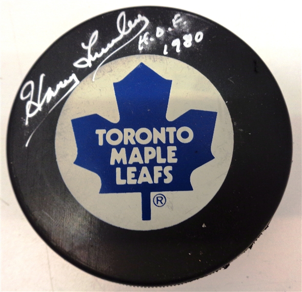 Harry Lumley Autographed Maple Leafs Puck w HOF